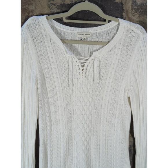 Studio Works Sweater Woman's‎ Medium White Cable Knit Lace Up Neck Minimalist - Picture 2 of 11